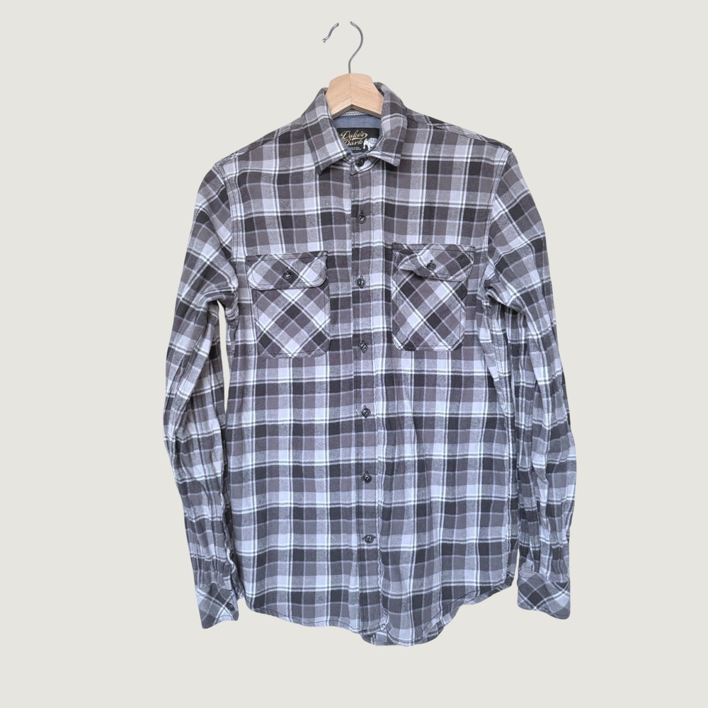 Dukes Bark Mens Gray Black Plaid Flannel Button Down Shirt Long Sleeve Fall S